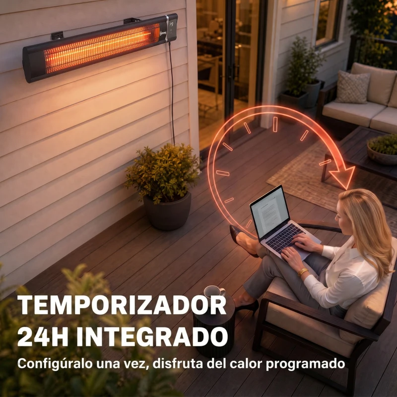 Outsunny Calefactor por Infrarrojos Terraza 3000 W IP65 9 Niveles Calor Temporizador 24 H Control Táctil/Remoto Pantalla LED