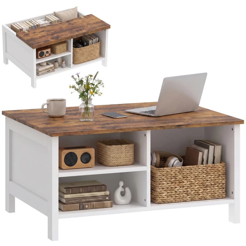 HOMCOM Cufăr de Depozitare 80x60x40 cm, cu Capac Rabatabil, Rafturi Deschise și Compartiment Ascuns, Maro Rustic