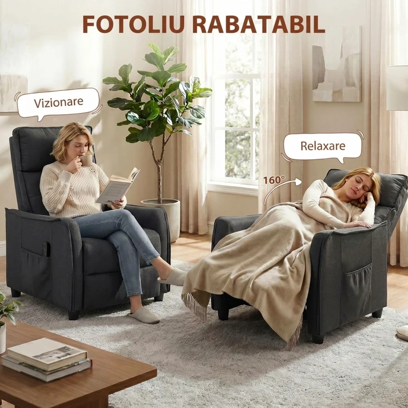 HOMCOM Fotoliu cu Masaj Reclinabil Manual, Țesătură Tip In, cu Telecomandă, Gri Închis