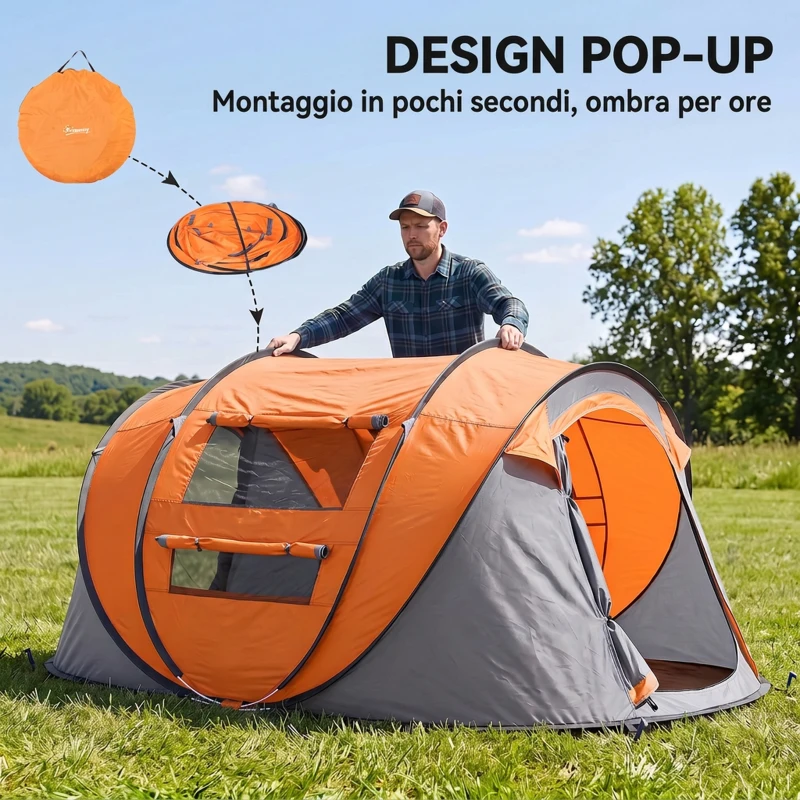 Outsunny Tenda da Campeggio Pop Up 3 Posti con 2 Porte, 4 Finestre e Telo, 263.5x220x123 cm, Arancione