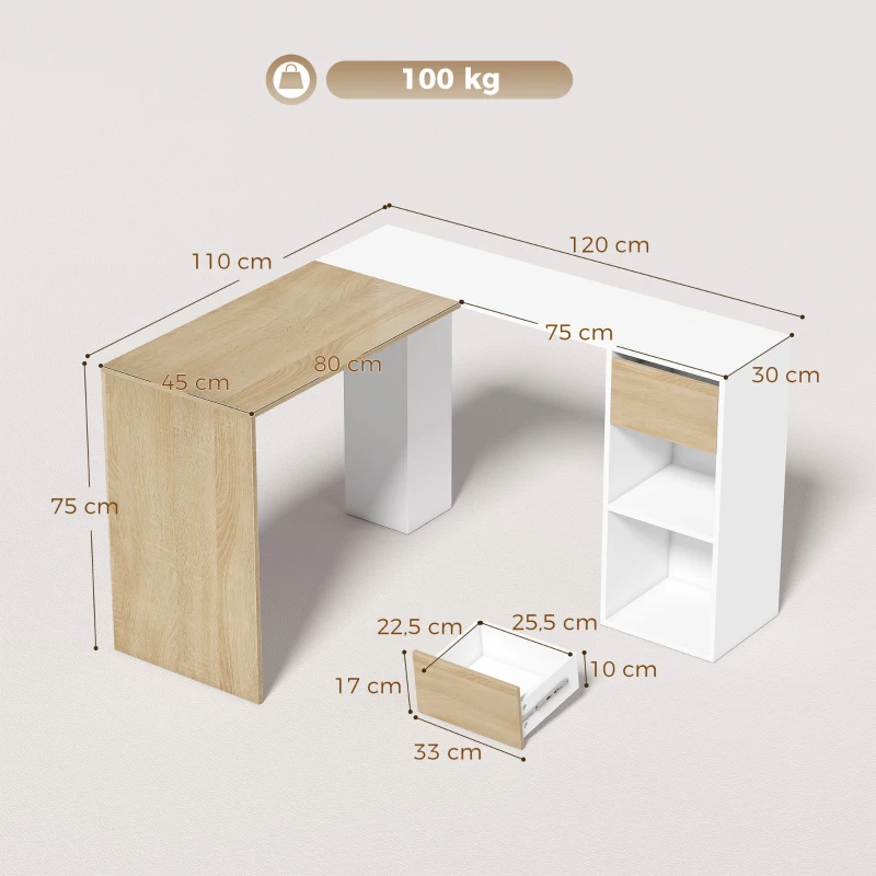 HOMCOM Secretária de Canto em L 120x110 cm com Gaveta e 2 Prateleiras, Branco e Natural