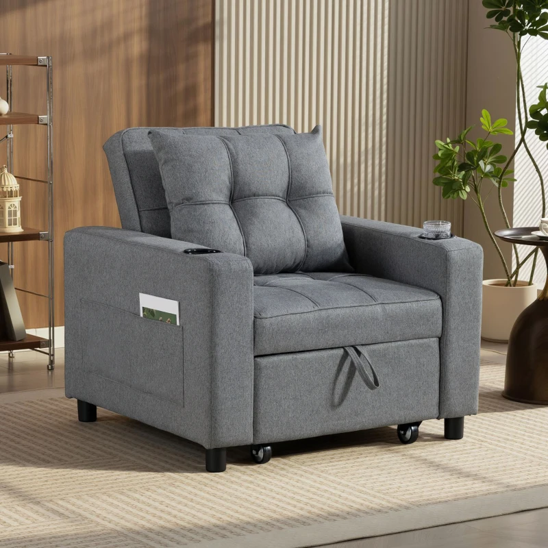 HOMCOM 3-in-1 Single Sofa Bed, Convertible Sleeper Chair Bed - Dark Grey