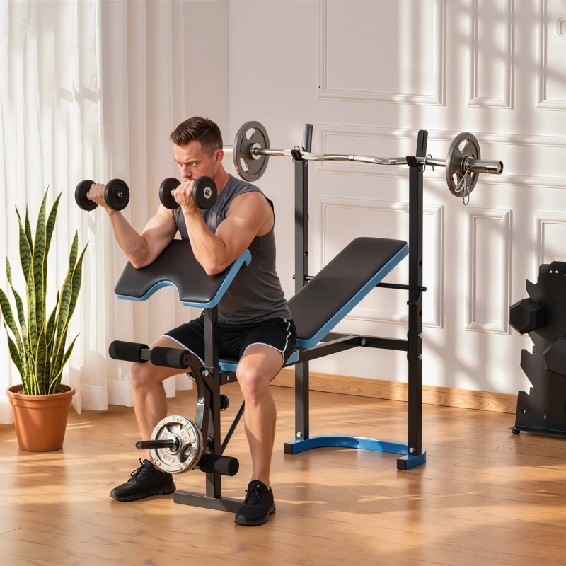 HOMCOM Banco de Musculação Multifuncional com Suporte para Barras e Encosto Ajustável 155x56,5x120 cm Preto e Azul