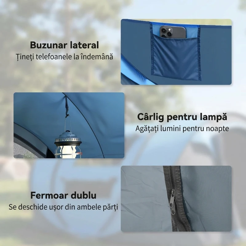 Outsunny Cort de Camping Pop Up pentru 2 Persoane cu 2 Uși, 4 Ferestre și Înveliș Impermeabil, 263.5x220x123 cm, Verde