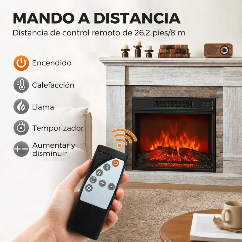 HOMCOM Chimenea Eléctrica Decorativa 1800W con Efecto de Llama de 3 Brillos Termostato Temporizador Mando a Distancia Natural