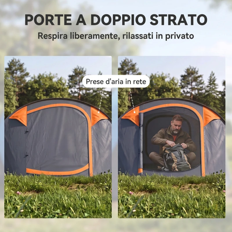 Outsunny Tenda da Campeggio Pop Up 3 Posti con 2 Porte, 4 Finestre e Telo, 263.5x220x123 cm, Arancione