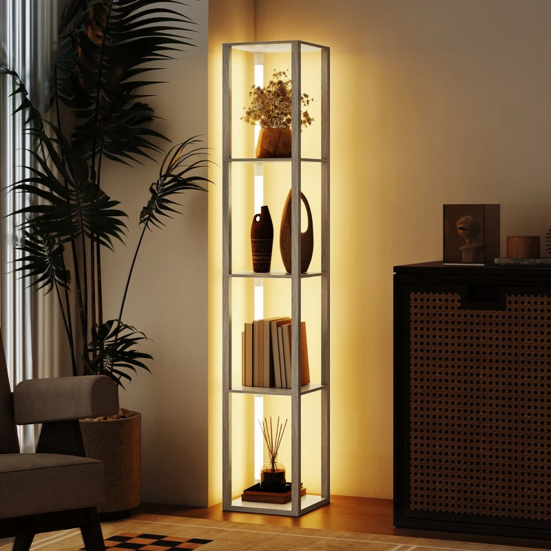 HOMCOM Floor Lamp with Shelves and 3 Brightness Levels - Oak