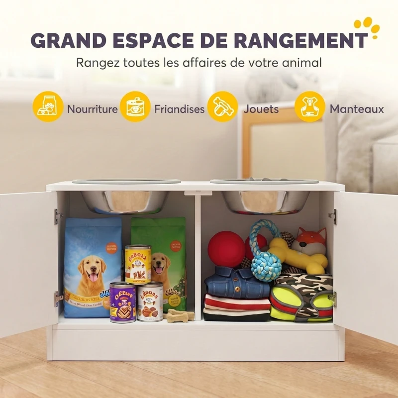 PawHut Gamelles surélevées pour chien, meuble repas avec rangement 10,6 gal, 2 gamelles inox 2,1 qt, anti-glouton, antidérapant