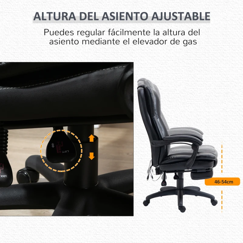 Vinsetto Silla de Masaje Reclinable con Altura Ajustable Reposapiés Retráctil y Control Remoto 68,5x68,5x113-121 cm Negro