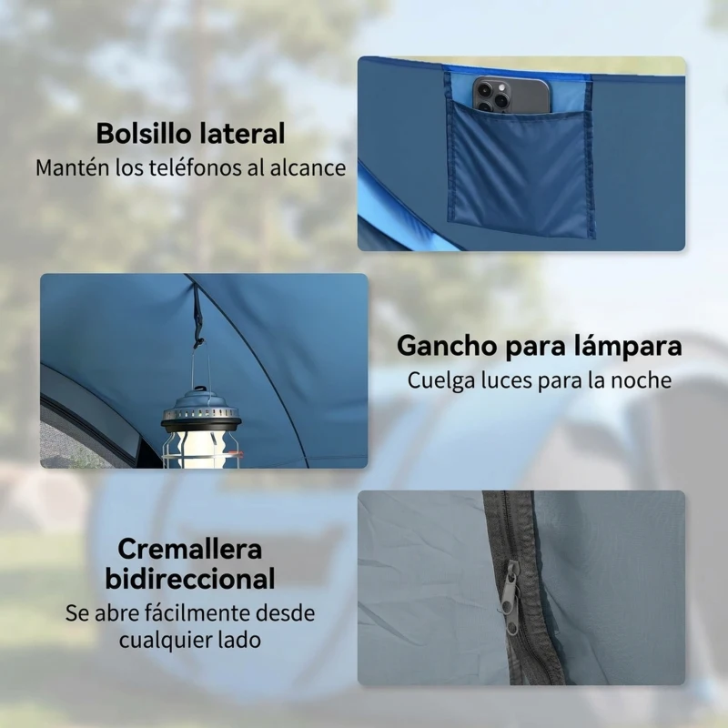 Outsunny Tienda de Camping Pop-up con Ventanas Bolsillos y Bolsa de Transporte Impermeable Anti-UV 263,5x220x123 cm Azul