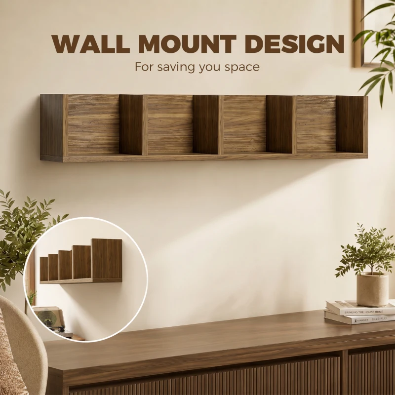 HOMCOM Wall Mount 84 CD / 56 DVD/Blu-ray/ Media Storage Rack 4 Cubes Wooden Shelf Organizer Unit Bookcase Display, Walnut