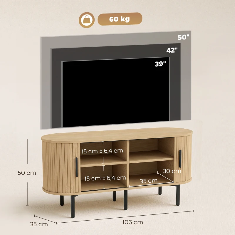 HOMCOM Meuble TV 106 cm, Meuble Télé pour 50 Pouces, 2 Portes Coulissantes à Tambour 4 Compartiments Étagères Réglables, Chêne