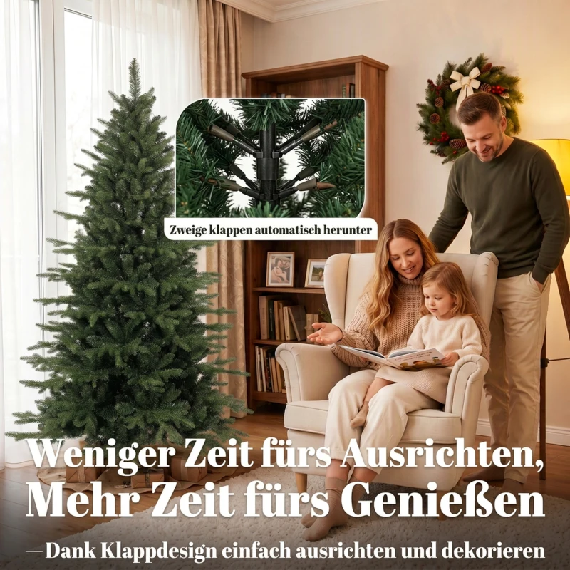 HOMCOM Künstlicher Weihnachtsbaum klappbarer Holzständer Spritzguss Tannenbaum 1438 Spitzen 180 cm Grün