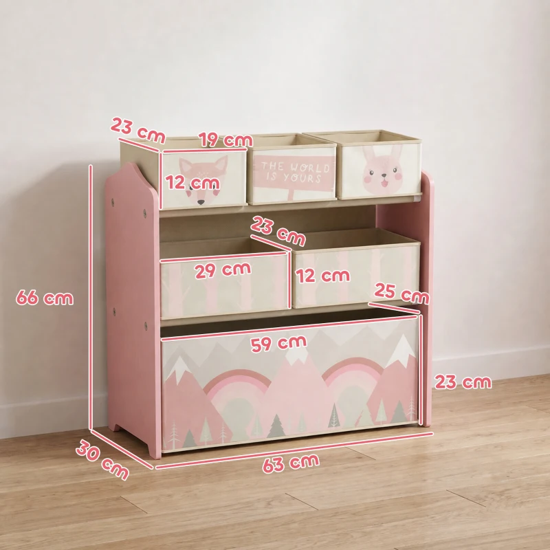 ZONEKIZ Meuble de rangement enfant avec 6 boîtes amovibles en tissu non tissé Organisateur de jouets, étagère 63L x 30l x 66H cm