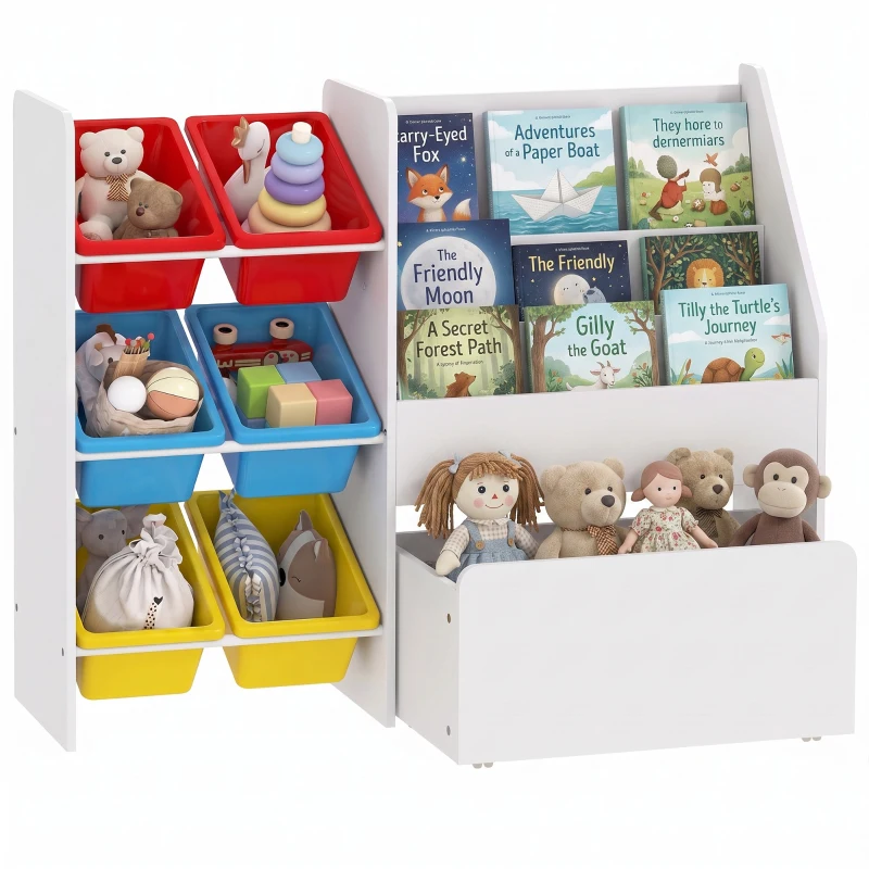 AIYAPLAY Meuble rangement enfant rangement jouets enfant 6 bacs amovibles et grand coffre à roulettes 100x30x80cm multicolore