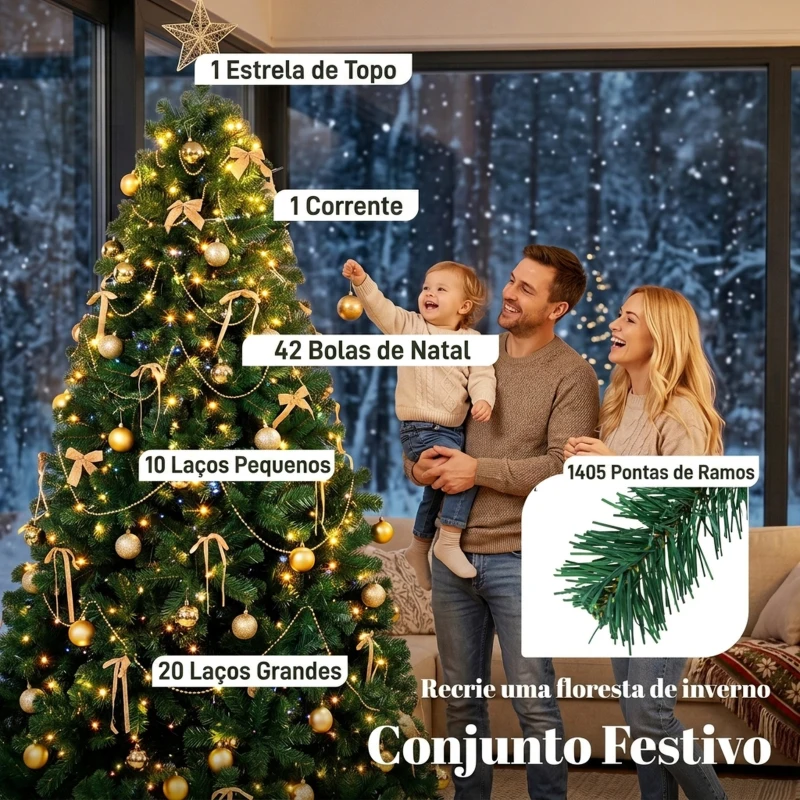HOMCOM Árvore de Natal Decorativa 230 cm com 296 LED 1405 Ramos Ignífugos Estrela 42 Bolas 30 Laços e Decoração Dourada Verde