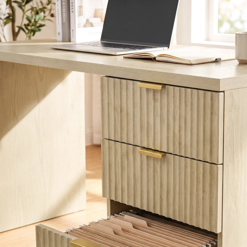 HOMCOM Bureau d'Ordinateur, Rangement Réversible, 3 Tiroirs Façades Ondulées, Plateau Épais et Spacieux, 120x50x76cm, Chêne