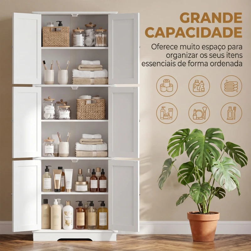 HOMCOM Armário Alto para Casa de Banho com 3 Armários de Porta Dupla e Prateleiras Ajustáveis 60x30x160 cm Branco