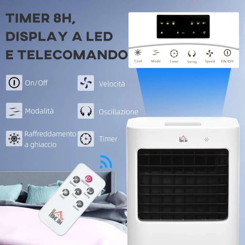 HOMCOM Raffrescatore Evaporativo e Ventilatore con Ghiaccio 3 in 1 a 3 Velocità con Timer, 32x37x74 cm, Bianco
