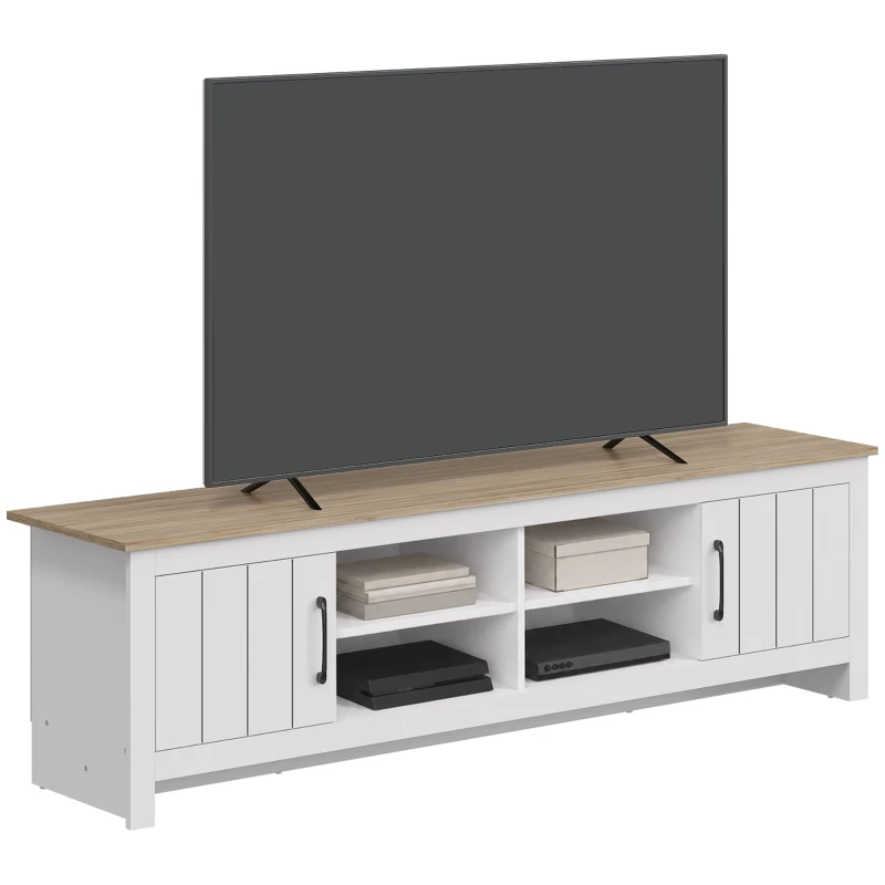 HOMCOM Meuble TV 175 cm, Meuble Télé pour Téléviseur jusqu'à 55 Pouces avec 2 Portes et 4 Compartiments Ouverts, Chêne et Blanc