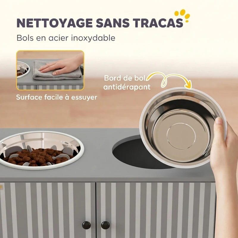 PawHut Gamelle Chien Surélevée Meuble d'Alimentation Rangement 40L 2 Bols Inox 2L 1 Gamelle Anti-Glouton 60x30x35,5cm Gris