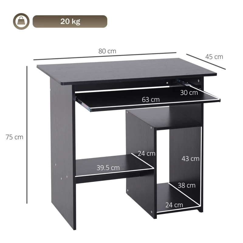 HOMCOM Scrivania PC Moderna in Legno con Ripiano per CPU e Spazio per Tastiera Estraibile, 80x45x75 cm, Nero