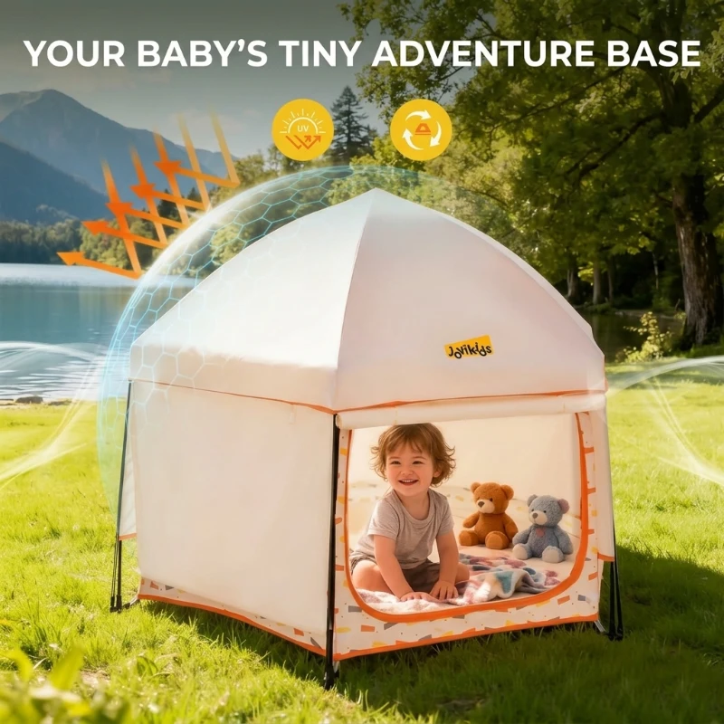 Pop-Up Baby Playpen with Removable Canopy, Portable Six-Sided Play Yard with Breathable Mesh for Outdoor, 150L x 150W x 105H cm, Beige