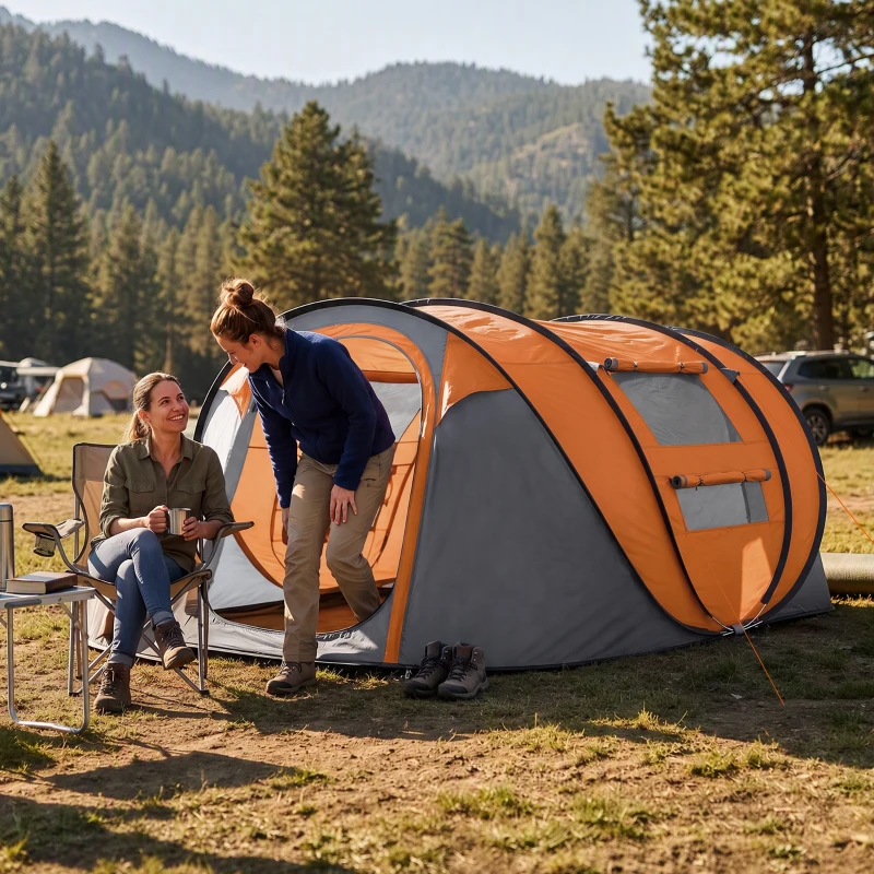 Outsunny Tenda da Campeggio Pop Up 3 Posti con 2 Porte, 4 Finestre e Telo, 263.5x220x123 cm, Arancione