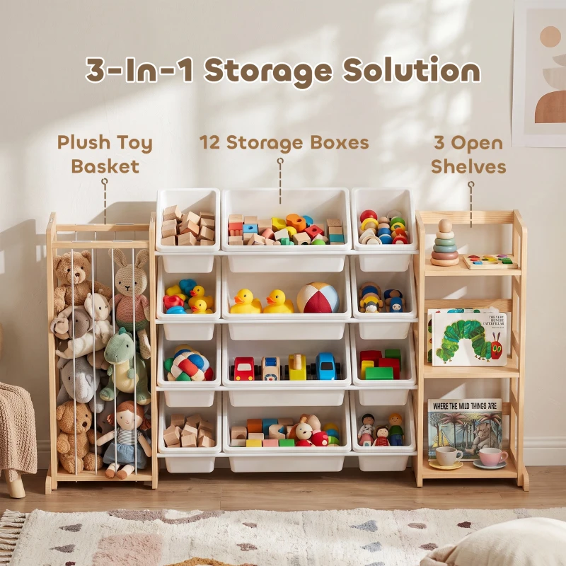 AIYAPLAY Wooden Toy Storage Unit with Stuffed Animal Storage, Bookshelf and 12 Bins for Kids Rooms, Bedroom, Playroom, Nursery