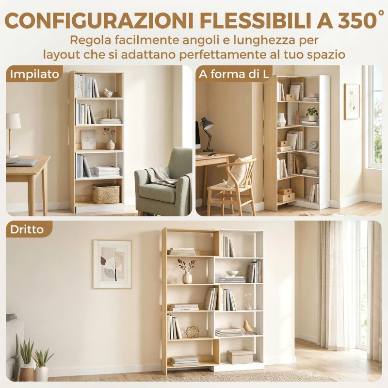 HOMCOM Libreria Angolare a 5 Ripiani dal Design Modulabile e Salvaspazio, in Legno, 67x67x163.7 cm, Multicolore