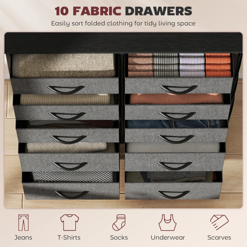HOMCOM Chest of Drawers, Dresser with 10 Fabric Drawers, Tall Storage Unit with 4 Pockets and 2 Hooks Steel Frame, Grey