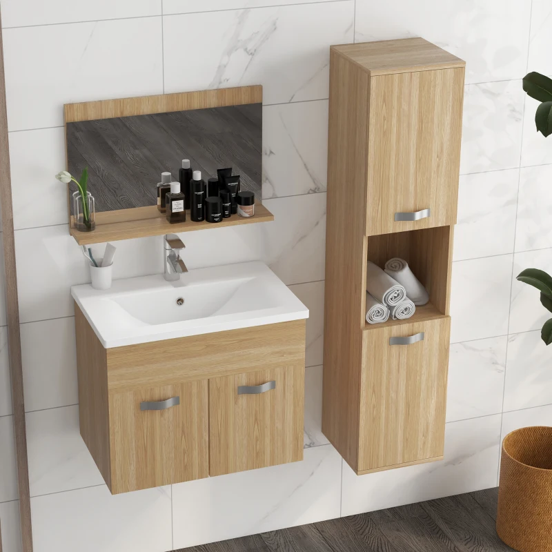 kleankin Conjunto de Muebles de Baño de Pared 4 Piezas Incluye Espejo Armario con Lavabo Cerámico y Columna de Baño Natural