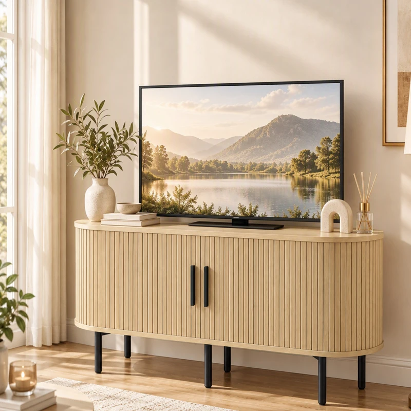 HOMCOM Meuble TV 106 cm, Meuble Télé pour 50 Pouces, 2 Portes Coulissantes à Tambour 4 Compartiments Étagères Réglables, Chêne