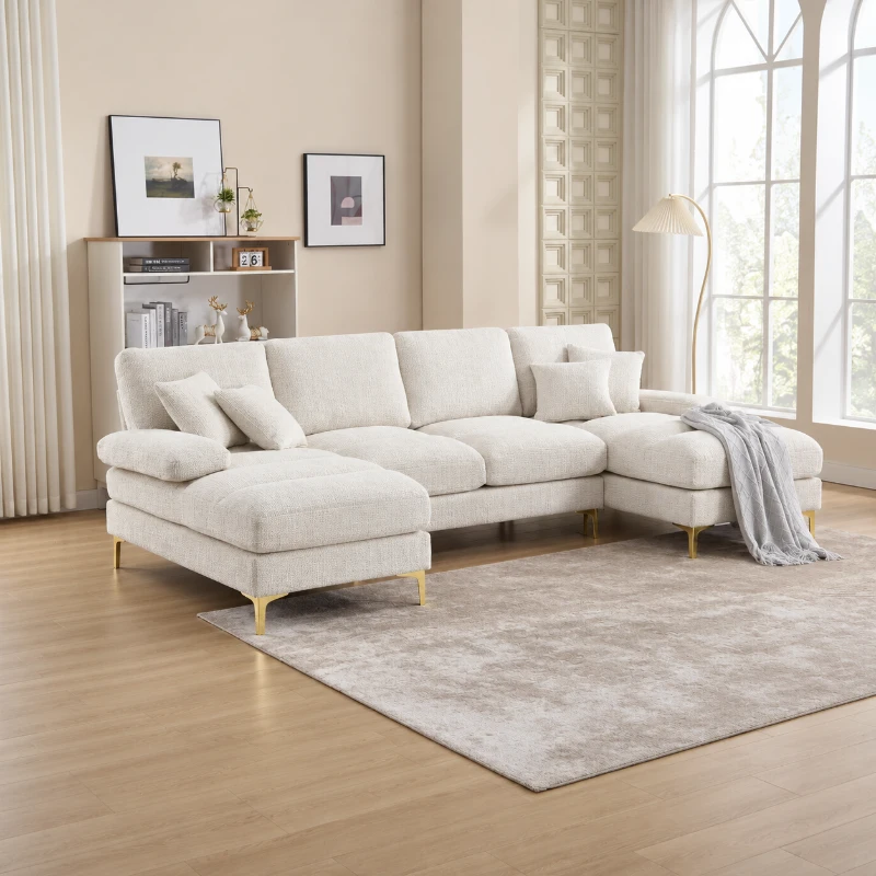 Modernes großes U-förmiges Chenille-Ecksofa mit Doppel-Liegesitzen für Wohnzimmer Beige