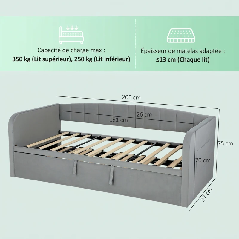 HOMCOM Lit Gigogne 90/180x190 cm, Canapé Lit Convertible 3 Places, Sommier à Lattes en Bois, Tête Rembourrée en Velours, Gris