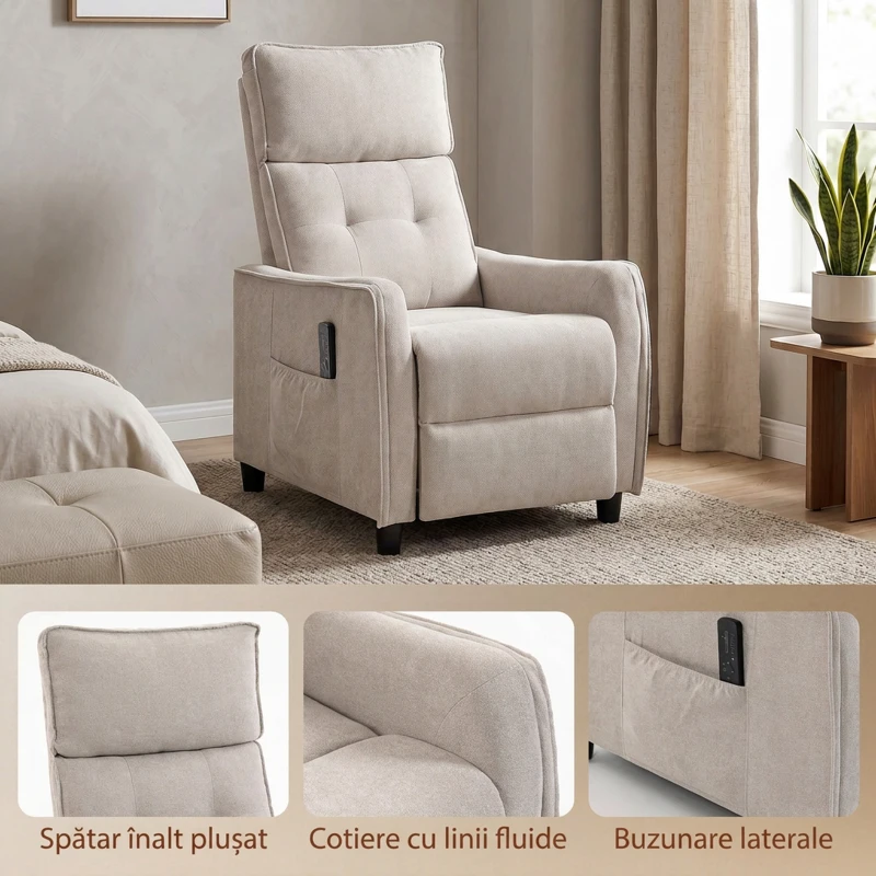 HOMCOM Fotoliu Masaj Reclinabil Manual din Material Textil Tip In cu Telecomandă, Crem