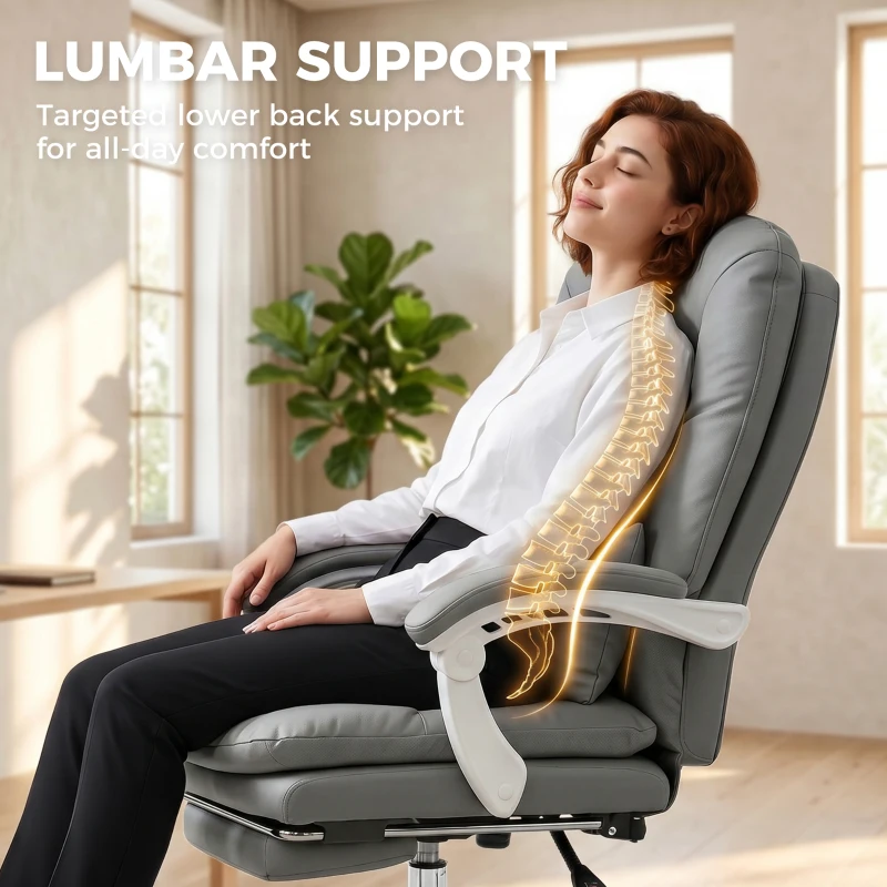 HOMCOM Ergonomic Executive Office Chair, Reclining Desk Chair with Lumbar Support, Footrest, Plush Thick Cushion, Grey