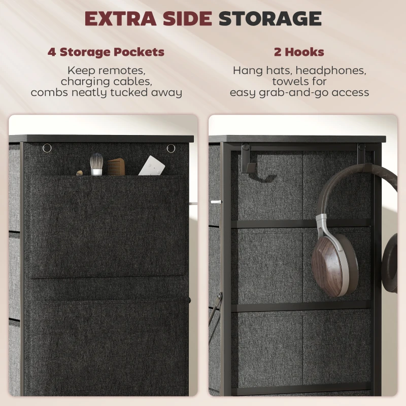 HOMCOM Chest of Drawers, Dresser with 10 Fabric Drawers, Tall Storage Unit with 4 Pockets and 2 Hooks Steel Frame, Grey