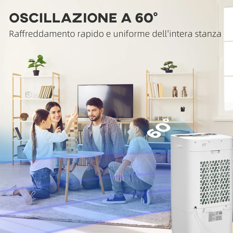 HOMCOM Raffrescatore Evaporativo e Ventilatore con Ghiaccio 3 in 1 a 3 Velocità con Timer, 32x37x74 cm, Bianco