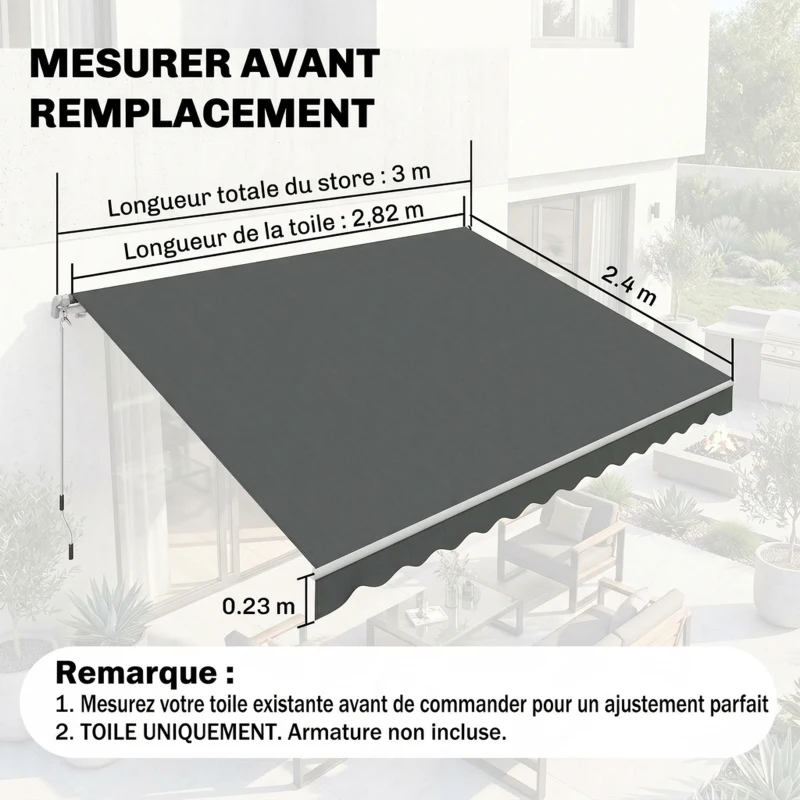Outsunny Toile de rechange store banne lambrequin vagues douces polyester haute densité 280 g/m² anti-UV 2,82 x 2,4 m gris