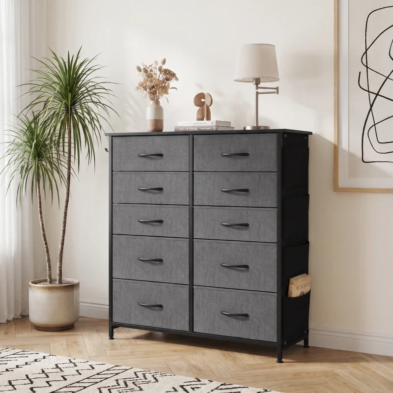 HOMCOM Chest of Drawers, Dresser with 10 Fabric Drawers, Tall Storage Unit with 4 Pockets and 2 Hooks Steel Frame, Grey