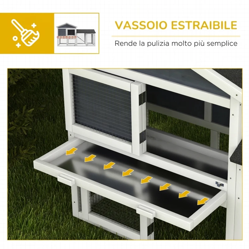 PawHut Conigliera Gabbia per Conigli in Legno da Esterno con Casetta, Spazio Aperto Recintato e Tetto 147x54x84cm Bianco