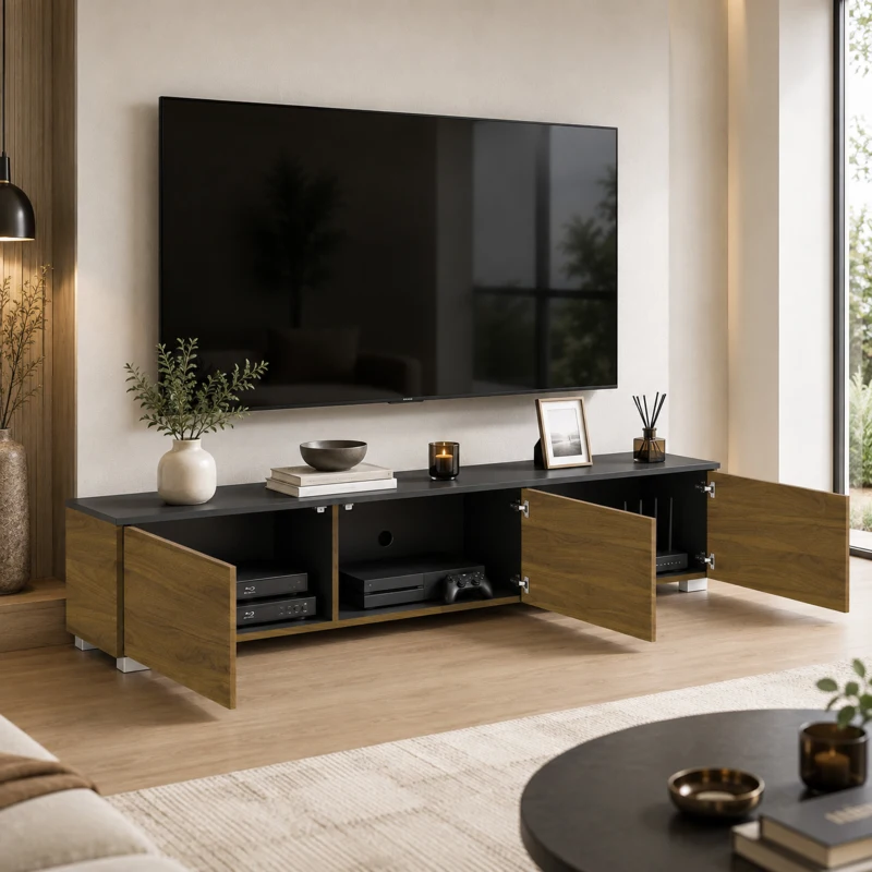 HOMCOM Meuble TV Suspendu ou sur Pied 160 cm pour Téléviseur 65 Pouces, Porte à fermeture, Passe-câbles, Noyer