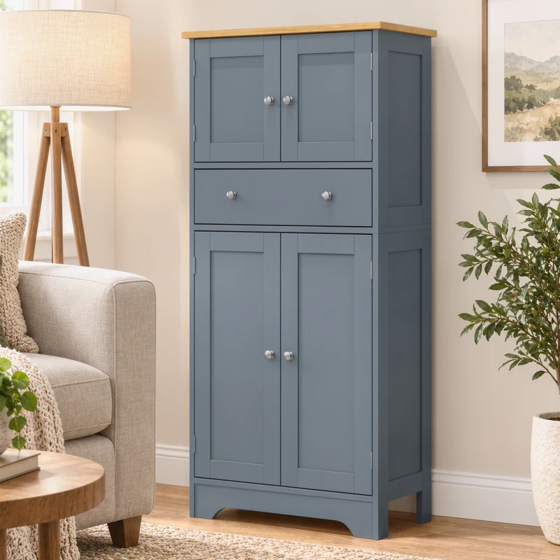 HOMCOM Kitchen Cupboard, Modern Freestanding Kitchen Storage Cabinet with Doors and Shelves, Grey Blue