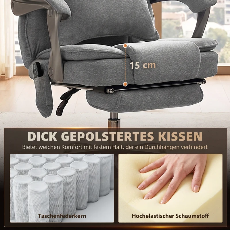 HOMCOM Verstelbare bureaustoel met massage en warmte, linnenlook, lendensteun, brede zitting, grijs, tot 180 kg