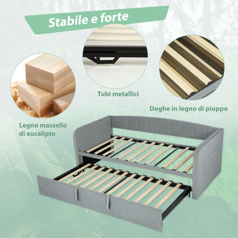 HOMCOM Letto Divano 3 Posti con Lettino Estraibile Convertibile in Letto Matrimoniale,205x186x75 cm, Grigio Chiaro