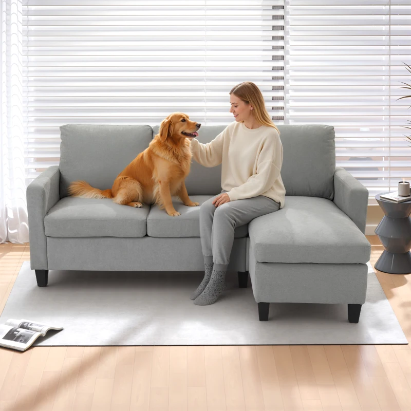 HOMCOM Ecksofa, 3-Sitzer-Sofa mit Kissen, Eckcouch, L-Form Couch, Stoffbezug, Grau(m-7)