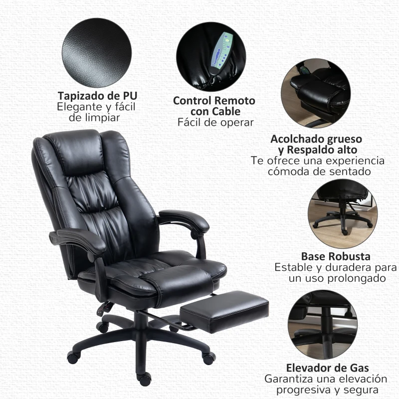 Vinsetto Silla de Masaje Reclinable con Altura Ajustable Reposapiés Retráctil y Control Remoto 68,5x68,5x113-121 cm Negro