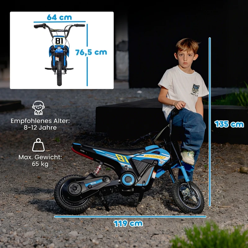 AIYAPLAY Elektro Motorrad Kinder 24 V Kinder Motocross mit 250W Motor 7Ah Akku Hinterradfederung Scheibenbremse 16km/h 8–12 Jahre