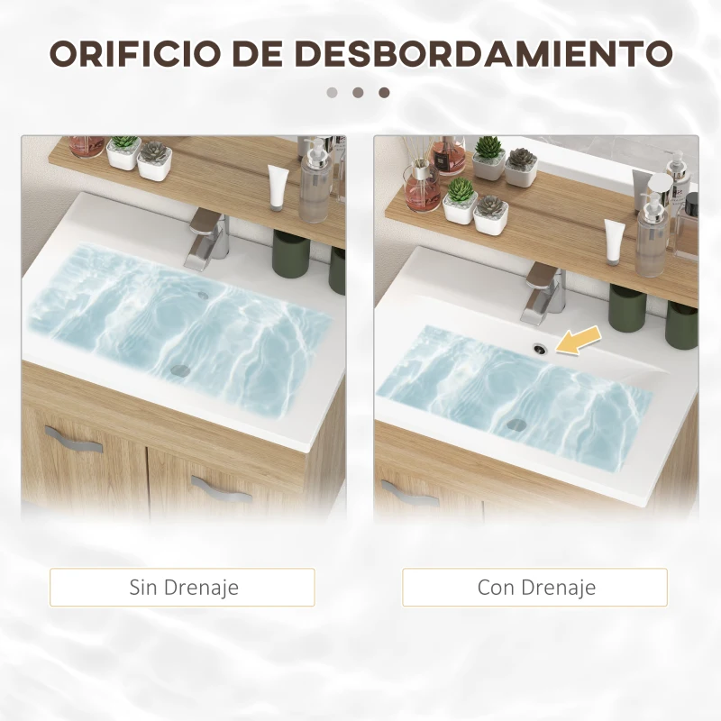 kleankin Conjunto de Muebles de Baño de Pared 4 Piezas Incluye Espejo Armario con Lavabo Cerámico y Columna de Baño Natural